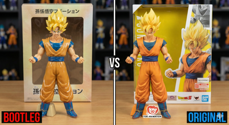 Comparación visual entre una figura original y un bootleg para identificar figuras de anime piratas.